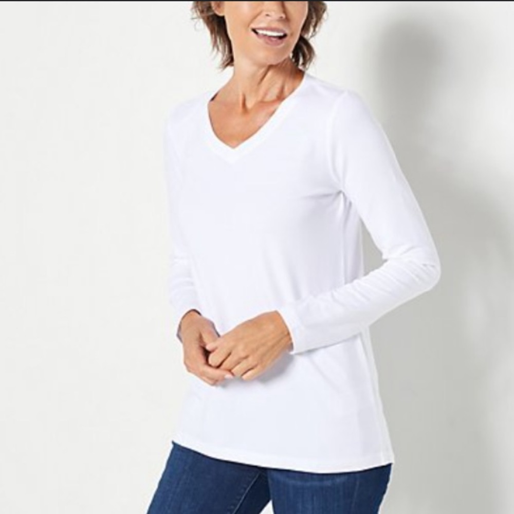 Faded Glory White Long Sleeve V Neck Cotton Shirt